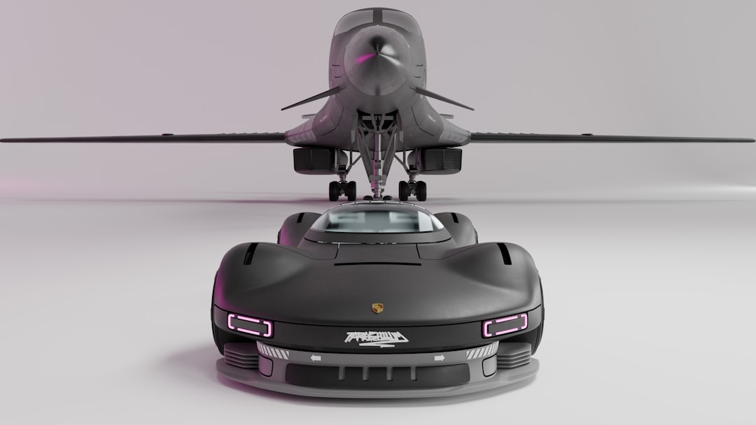 A futuristic car in front of a bomber airplane.